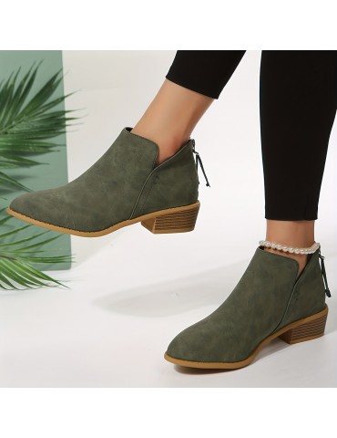 Women's Chunky Heeled Ankle Boots, Pointed Toe Zipper Stacked Heeled Shoes, Retro Short Boots