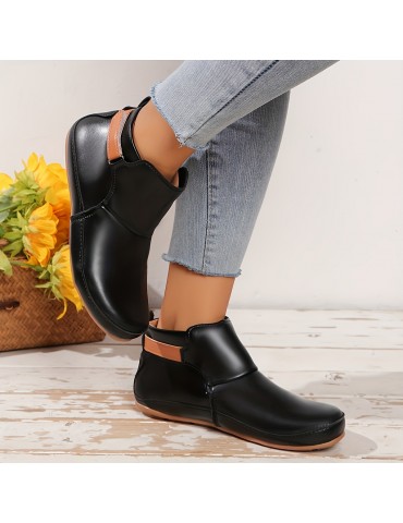 Women's Solid Color Trendy Boots, Slip On Soft Sole Platform Buckle Belt Boots, Versatile Round Toe Winter Boots