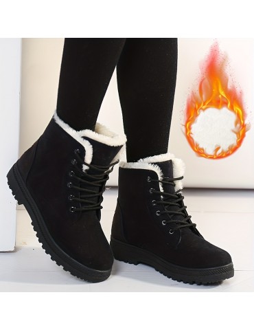 Women's Round Toe Lace Up Boots, Warm Faux Fur Lined Ankle Boots, Women's Footwear