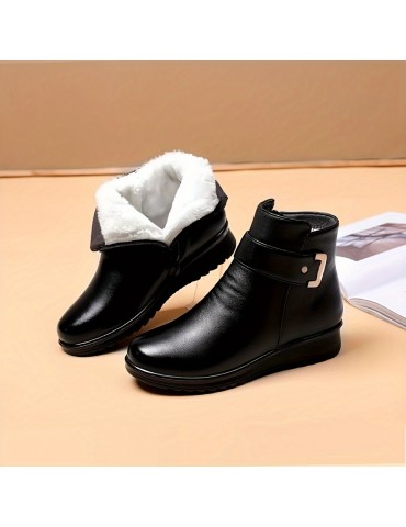 Women's Winter Plush Lined Ankle Boots, Buckle Detail Side Zipper Warm Boots, Thermal Outdoor Short Boots