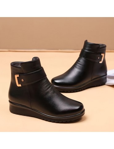 Women's Winter Plush Lined Ankle Boots, Buckle Detail Side Zipper Warm Boots, Thermal Outdoor Short Boots