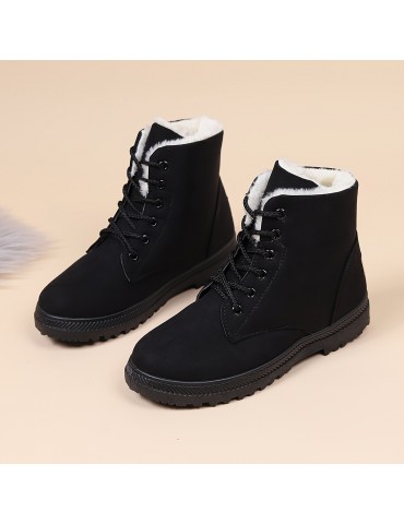 Women's Warm Snow Boots, Casual Solid Color Lace Up Plush Lined Ankle Boots, Fuzzy & Comfortable Outdoor Shoes