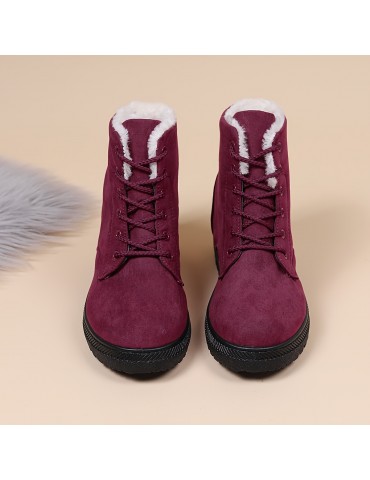 Women's Warm Snow Boots, Casual Solid Color Lace Up Plush Lined Ankle Boots, Fuzzy & Comfortable Outdoor Shoes