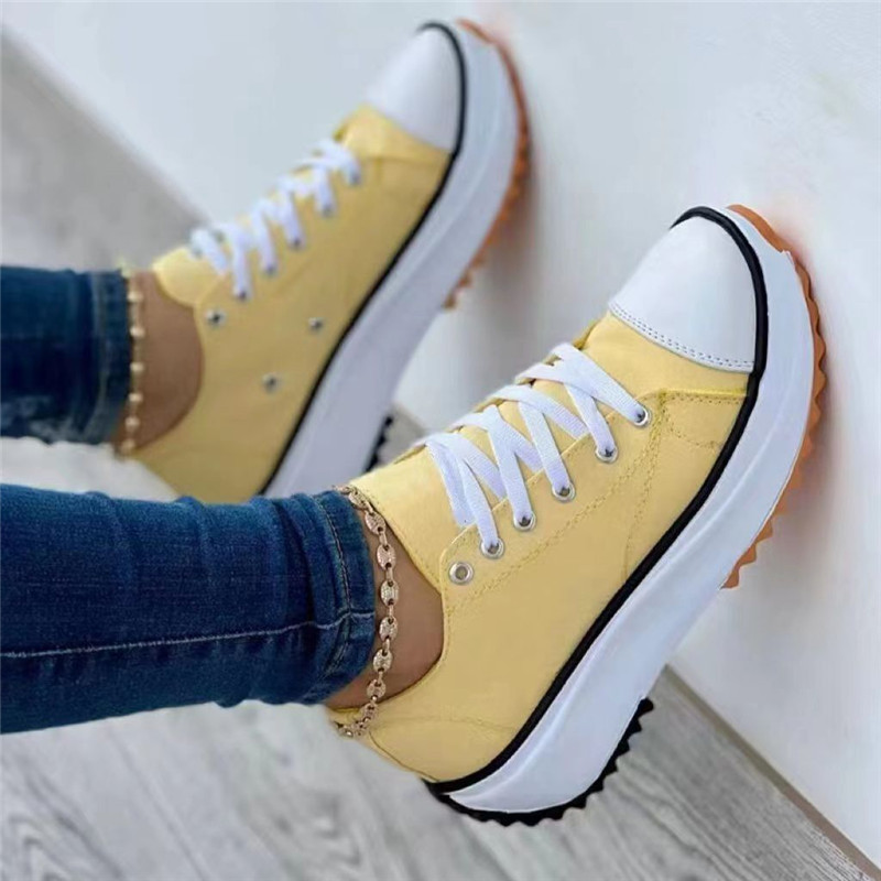 womens platform canvas sneakers solid color lace up low top trainers casualall match walking shoes details 9