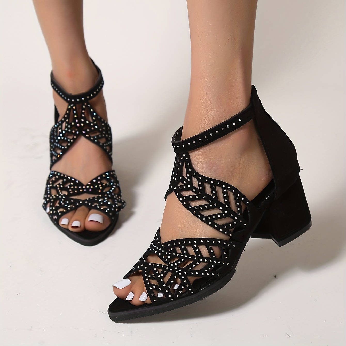 womens rhinestone decor chunky heel sandals fashion hollow out design sandals back zipper dress shoes details 0