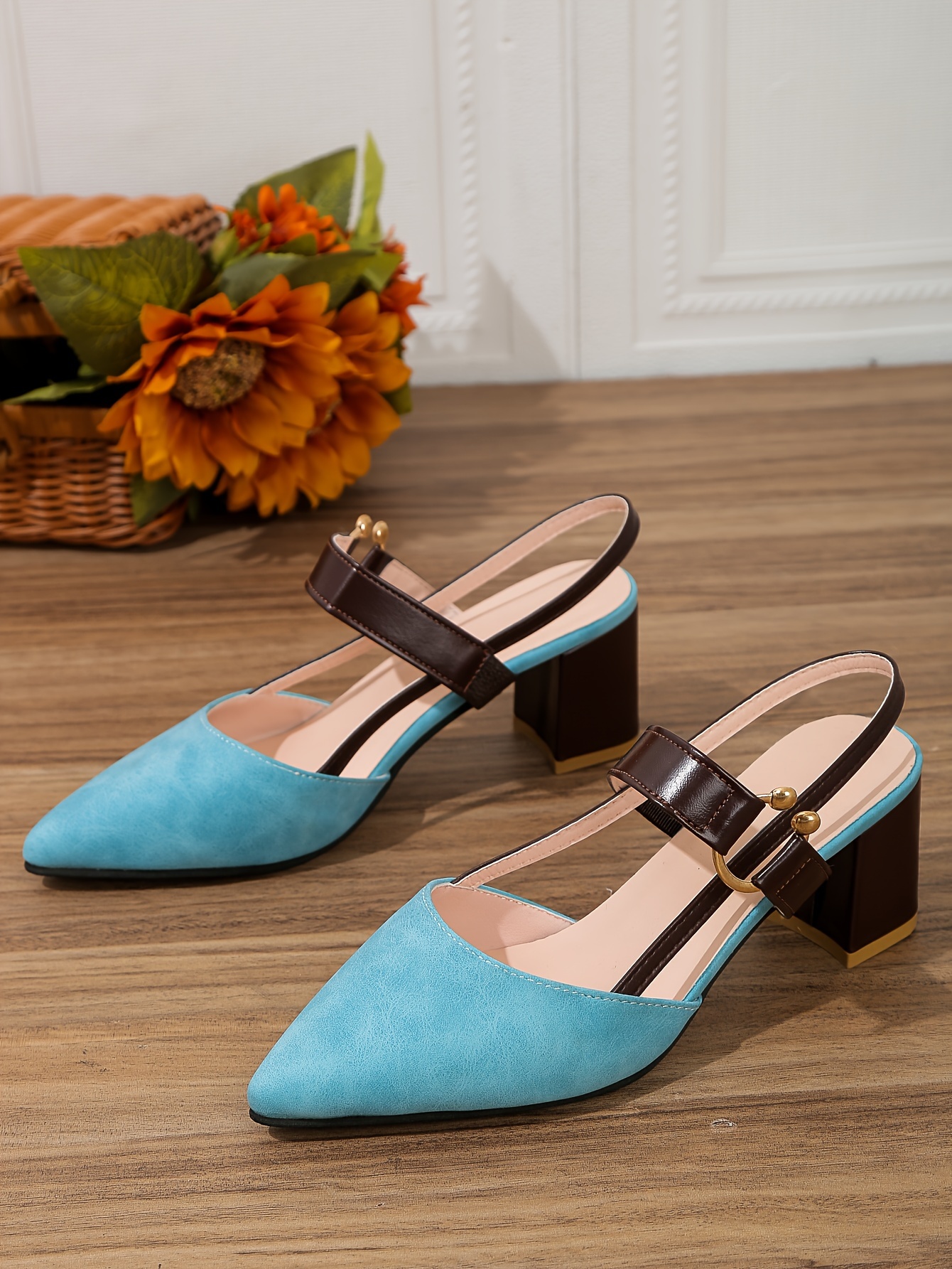 womens pointed toe block high heel sandals fashion solid color slingback shoes versatile mid heels details 7