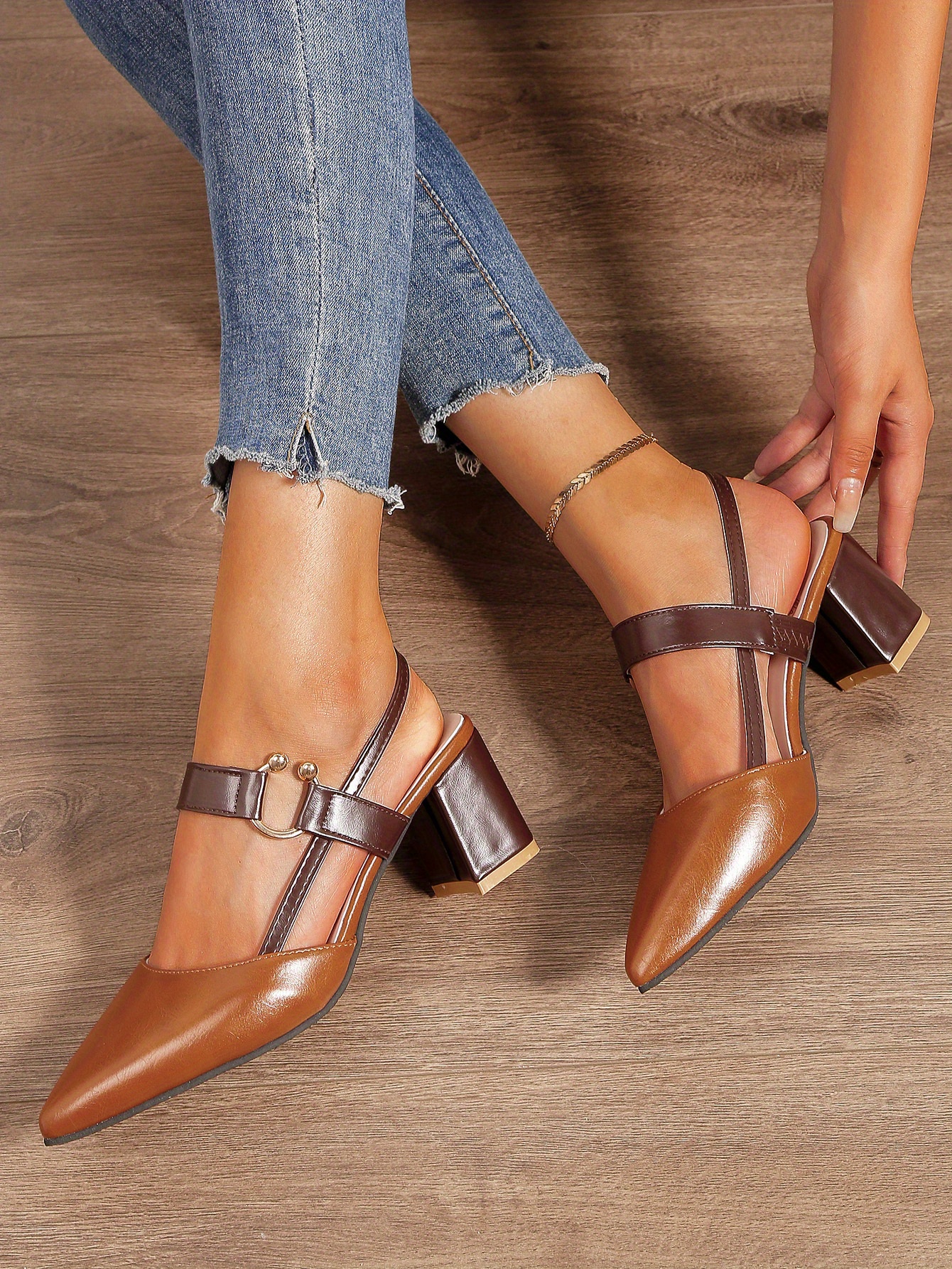 womens pointed toe block high heel sandals fashion solid color slingback shoes versatile mid heels details 10