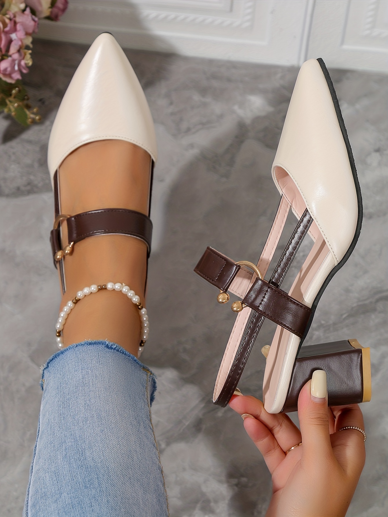 womens pointed toe block high heel sandals fashion solid color slingback shoes versatile mid heels details 38