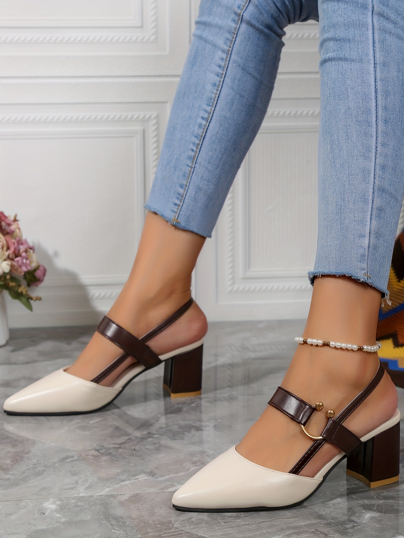 womens pointed toe block high heel sandals fashion solid color slingback shoes versatile mid heels details 41