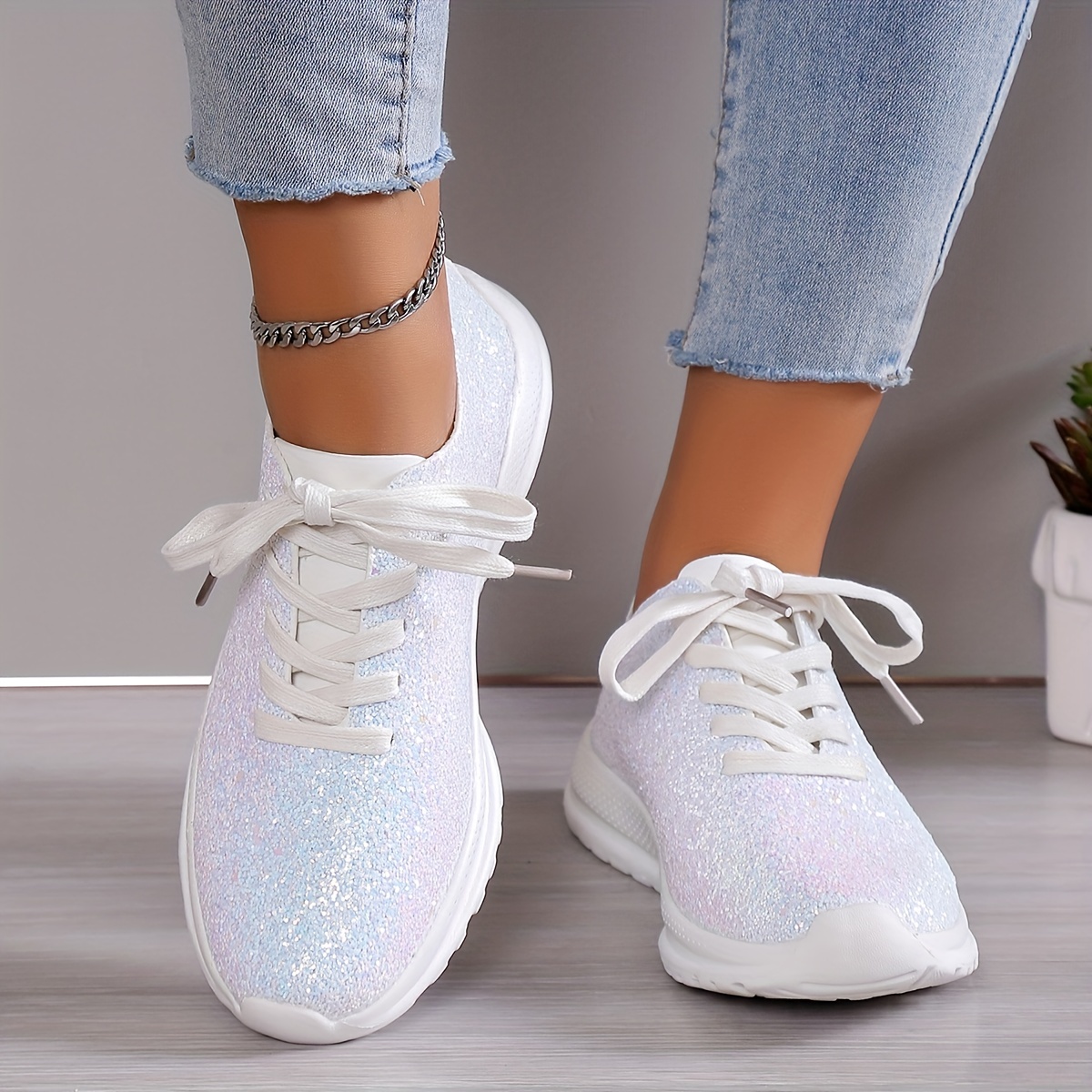 womens glitter sequins decor sneakers casual lace up outdoor shoes lightweight low top walking shoes details 0