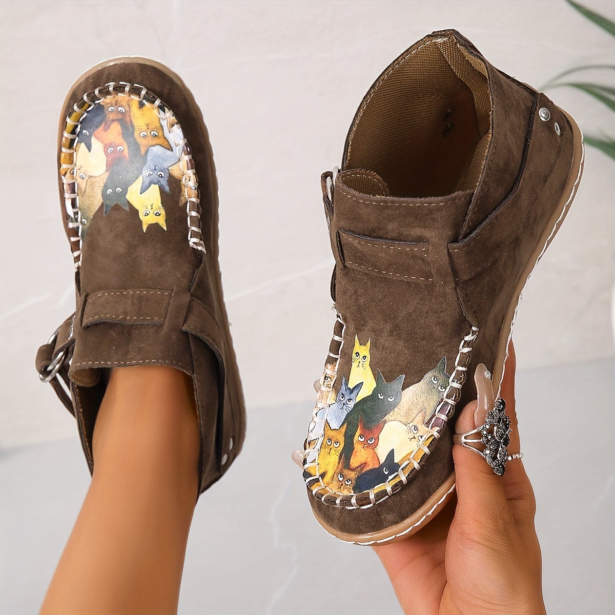 womens cute cat pattern ankle boots retro round toe buckle slip on shoes comfortable low top shoes details 4