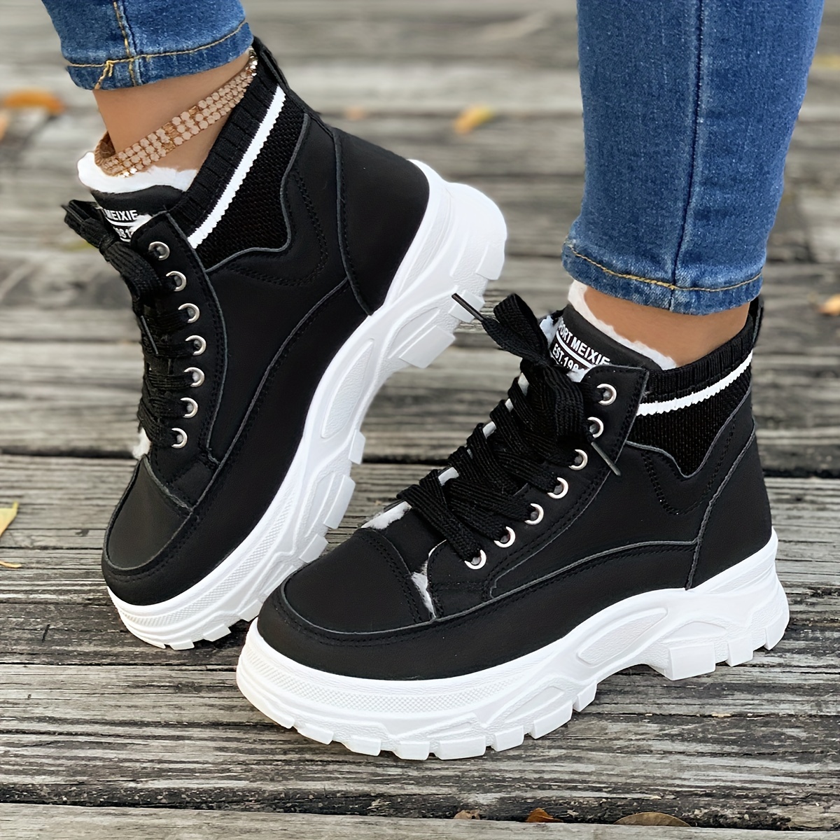 womens platform sneakers casual lace up plush lined shoes comfortable high top shoes details 0
