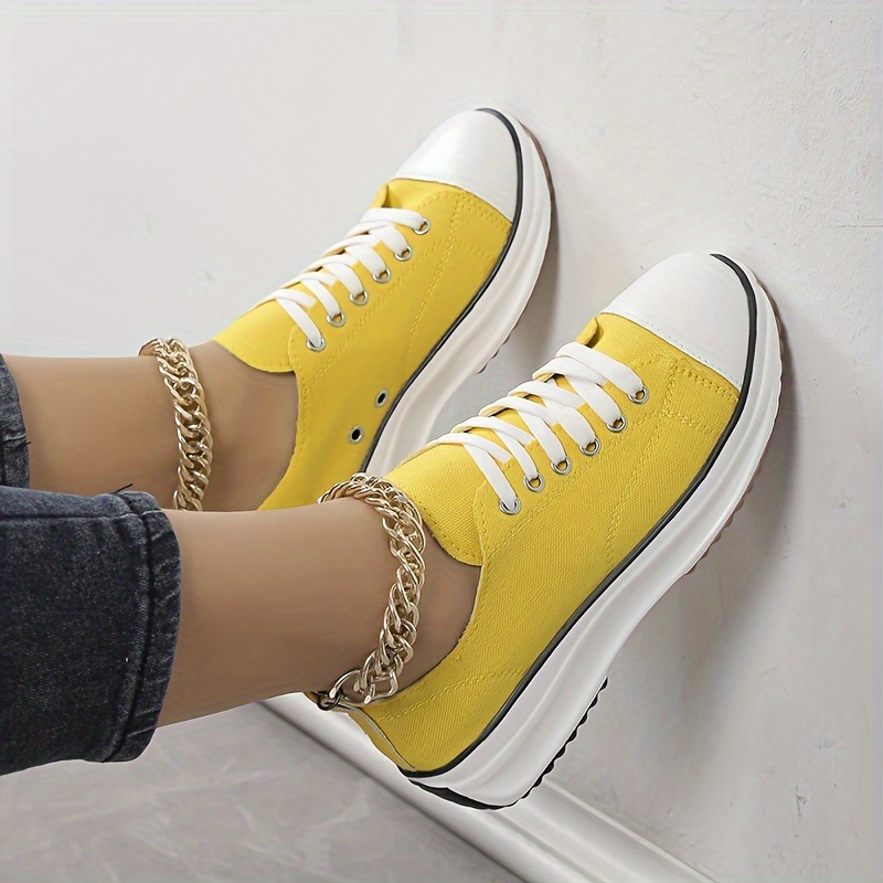 platform canvas sneakers, womens platform canvas sneakers solid color lace up low top walking trainers casual outdoor sports shoes details 2