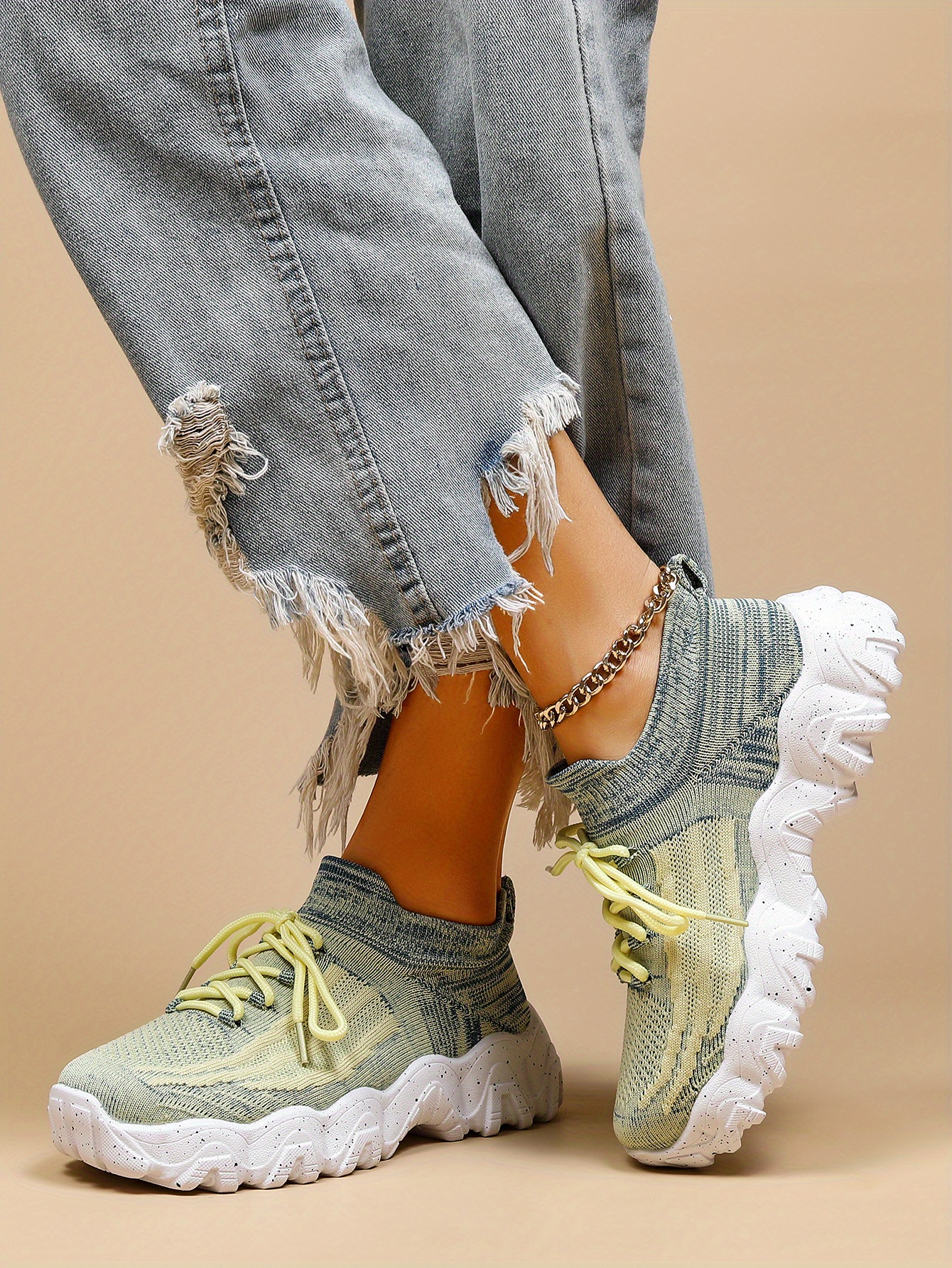 womens breathable knit platform sneakers casual lace up outdoor shoes comfortable low top trainers details 4