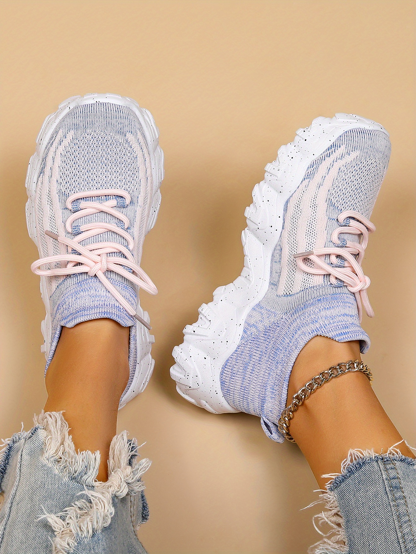 womens breathable knit platform sneakers casual lace up outdoor shoes comfortable low top trainers details 14