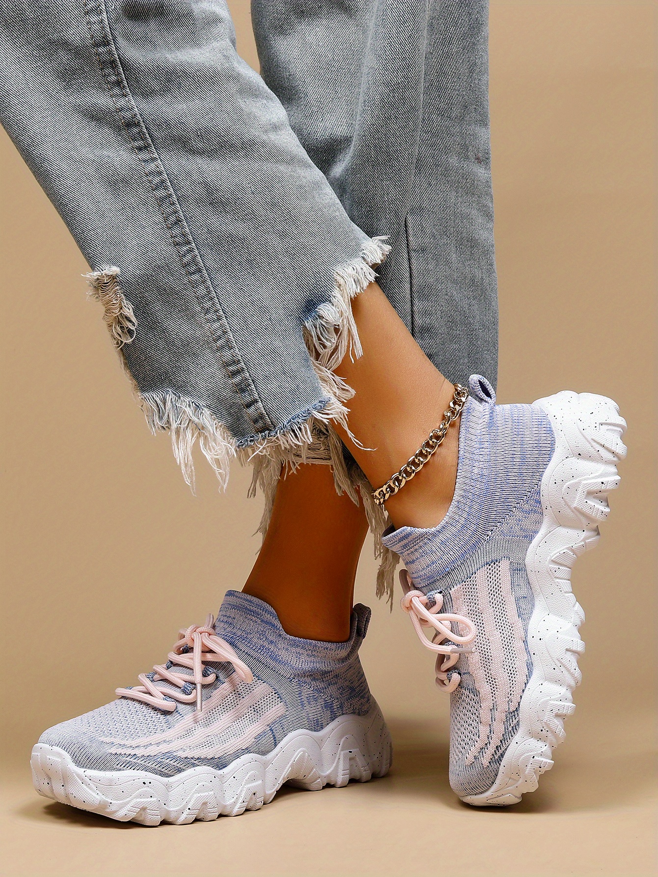 womens breathable knit platform sneakers casual lace up outdoor shoes comfortable low top trainers details 16