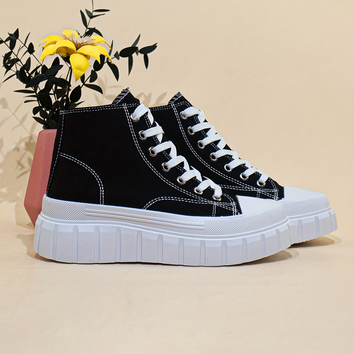 womens solid color canvas shoes lace up comfy platform casual shoes versatile high top shoes details 1