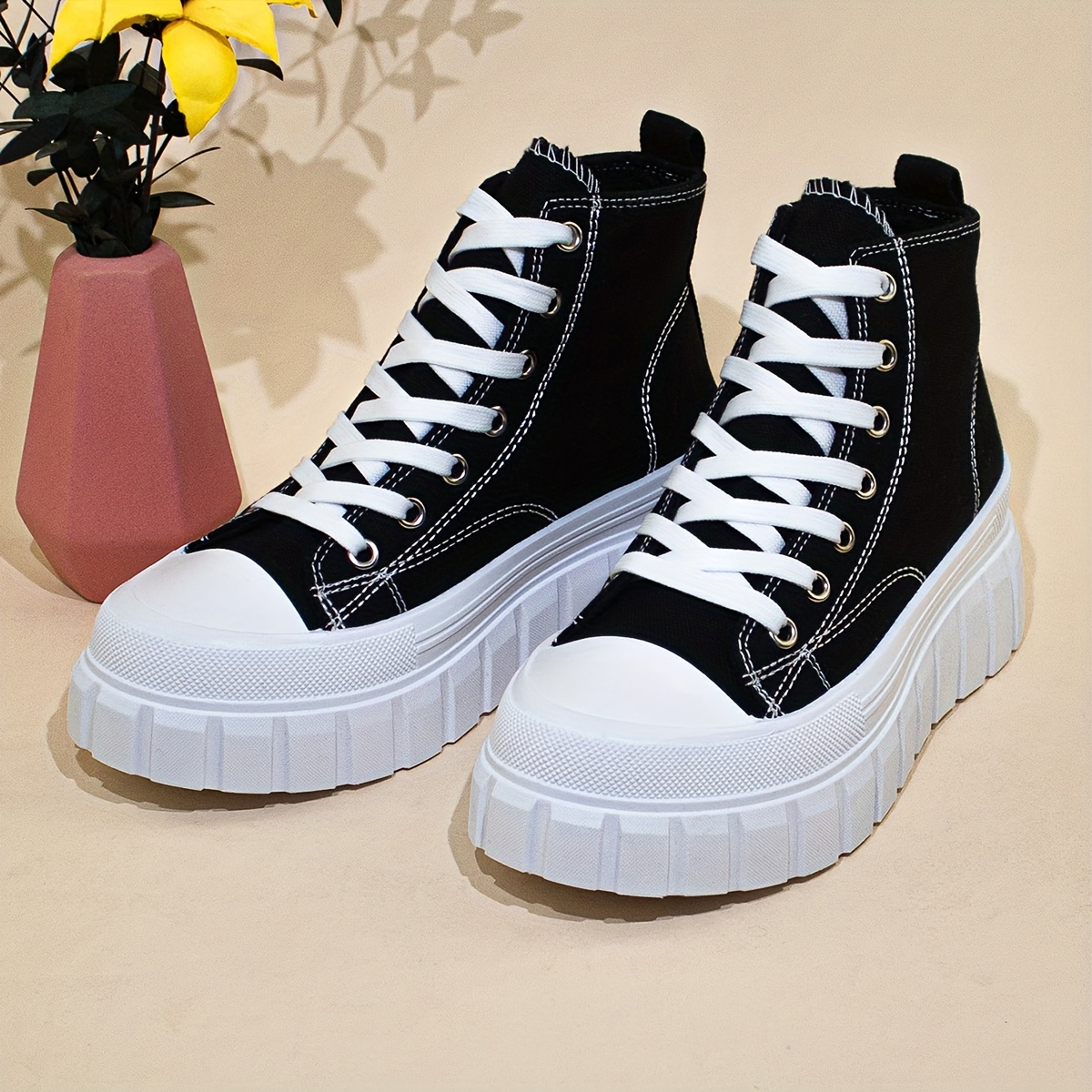 womens solid color canvas shoes lace up comfy platform casual shoes versatile high top shoes details 4
