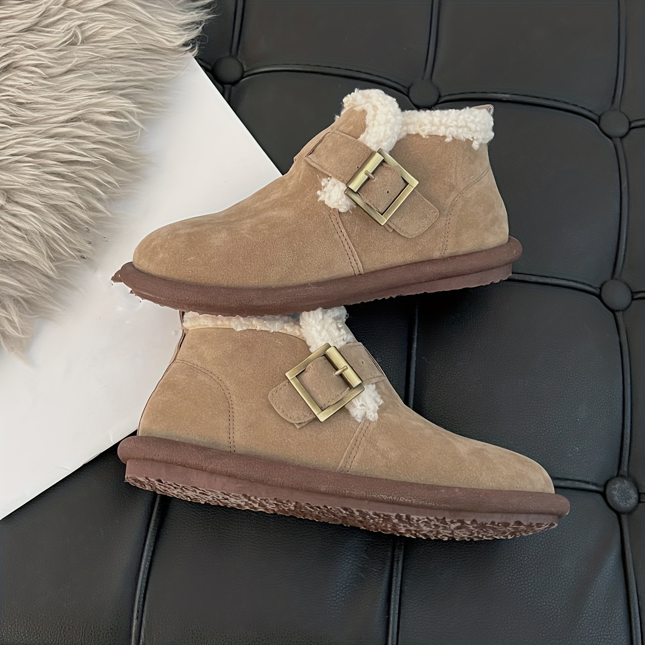 womens thermal lined flat boots buckle decor soft sole winter warm shoes versatile plush non slip shoes details 2