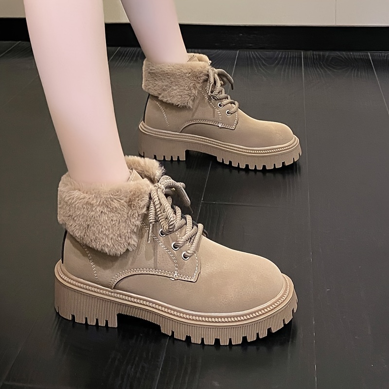 womens solid color fluffy boots lace up sof sole platform warm lined boots winter plush non slip snow boots details 0