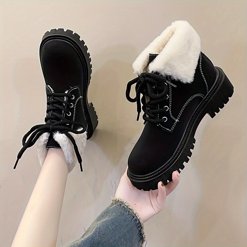 womens solid color fluffy boots lace up sof sole platform warm lined boots winter plush non slip snow boots details 1