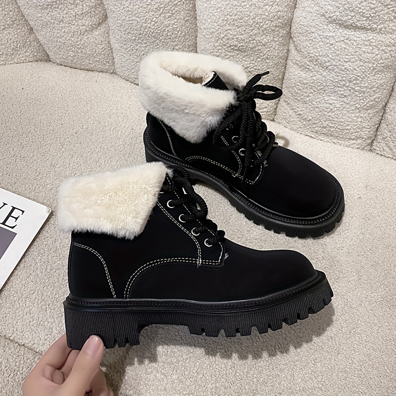 womens solid color fluffy boots lace up sof sole platform warm lined boots winter plush non slip snow boots details 4
