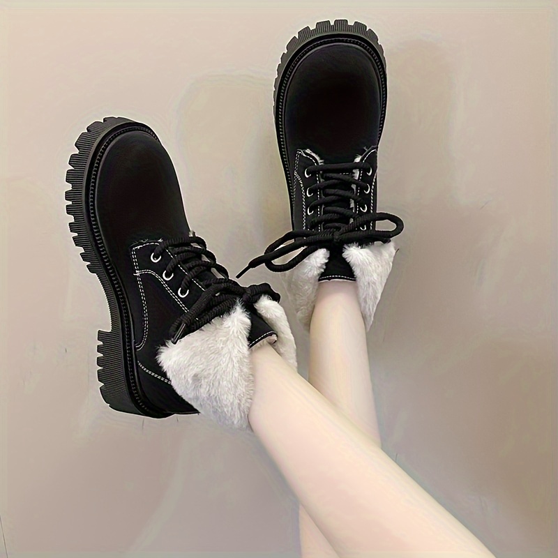 womens solid color fluffy boots lace up sof sole platform warm lined boots winter plush non slip snow boots details 6