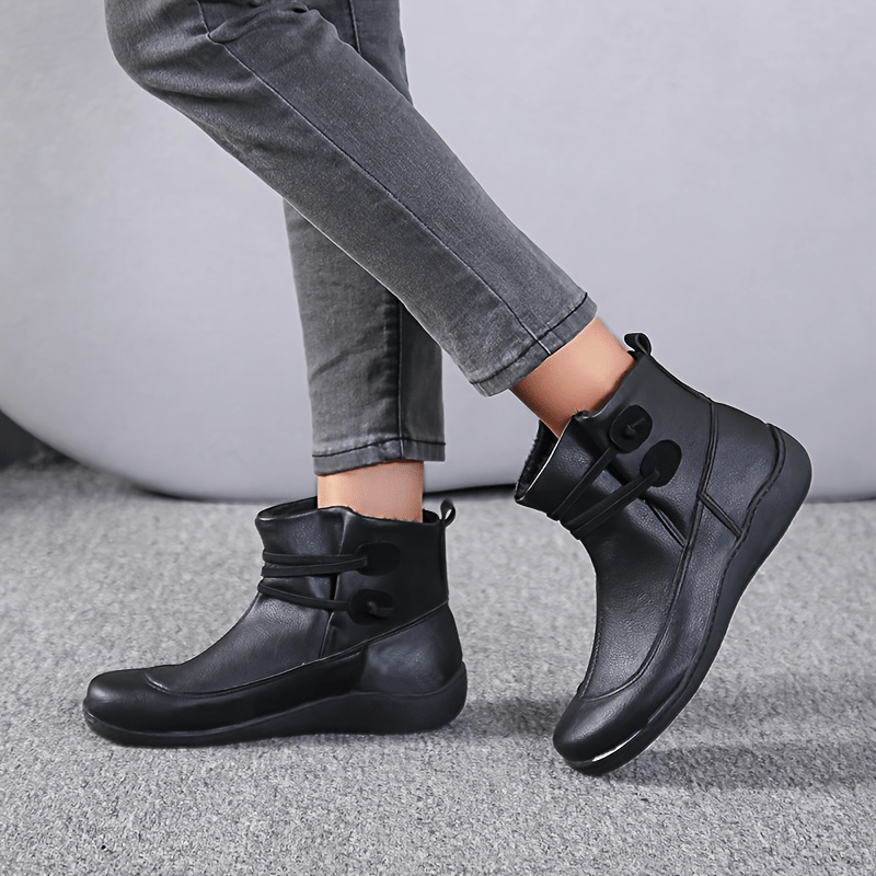 womens retro ankle boots solid color slip on faux leather flat boots womens footwear details 6