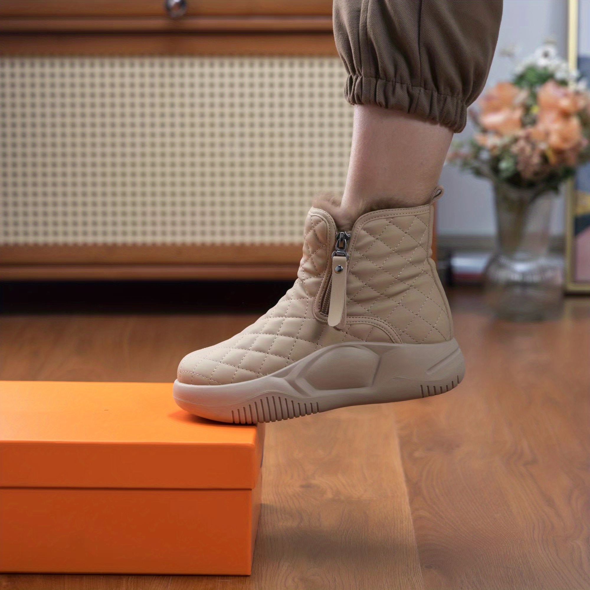 womens solid color boots side zipper quilted pattern slip on round toe velvet warm fluffy soft shoes winter comfy shoes details 3